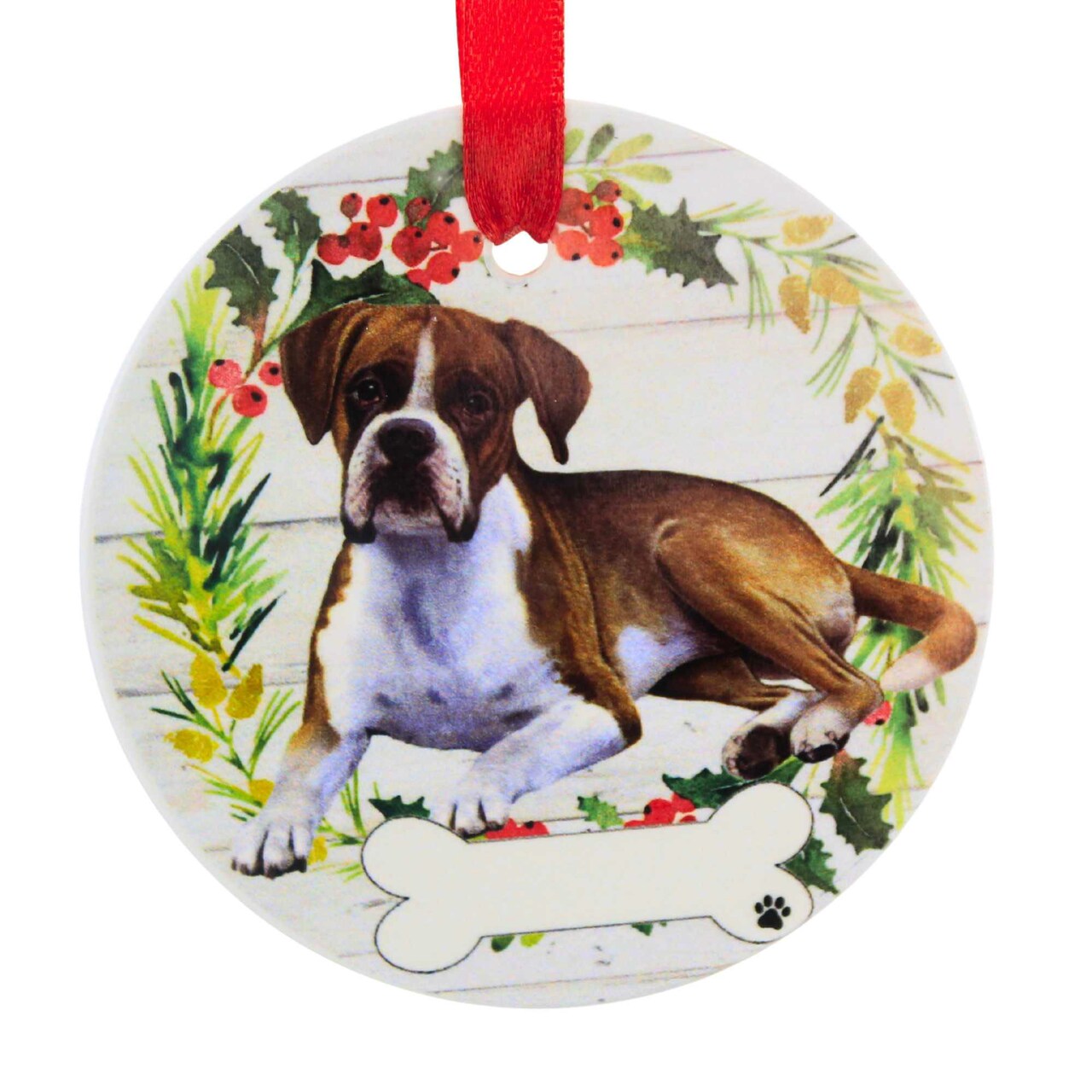 E & S Imports 3.5 Inch Ceramic Boxer Ornament Christmas Tree Ornament , Christmas Decor Dog Puppy Ribbon Cherish Pet